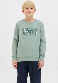 Sweatshirt vert clair avec un col rond, arborant un graphique multicolore "Jack & Jones" sur le devant, des poignets et une taille côtelés.