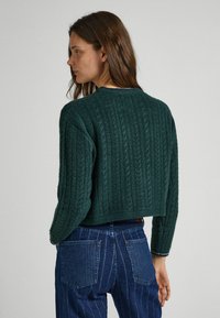 Maglione verde lavorato a maglia, con motivo a trecce, scollatura rotonda e polsini a costine, abbinato a jeans a righe blu a vita alta.