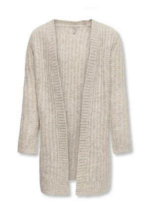 Cardigan en maille crème à ouverture frontale, manches longues et bords côtelés, avec un motif texturé chaleureux.