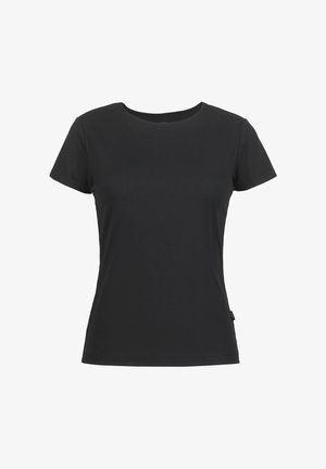 Musta lyhythihainen t-paita, jossa on resorikuvio, pyöreä pääntie ja hoikka istuvuus. Ei näkyviä kuvioita tai metalliosia.