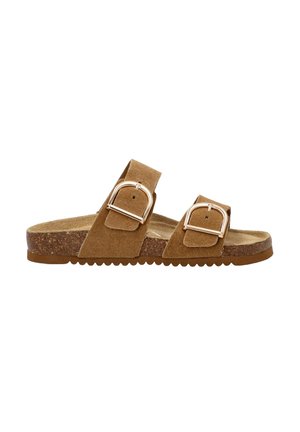 Sandalias de ante marrón con dos correas ajustables y hebillas plateadas, que cuentan con una plantilla de corcho texturizada y una suela gruesa y acanalada.