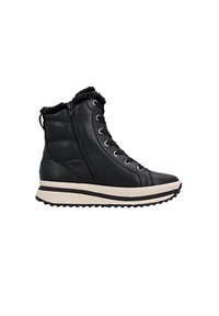 Schwarzer Leder-Stiefelette mit Kunstpelzbesatz, Schnürung vorne und seitlichem Reißverschluss. Cremefarbene Sohle mit schwarzen Streifen und strukturiertem Profil.