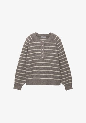 Maglione grigio in lana con strisce orizzontali bianche, scollatura rotonda, patta con bottoni e polsini e orlo a coste. Tessuto morbido con design casual.