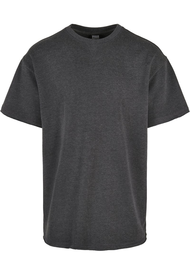 Grå kortärmad T-shirt med rundad halsringning, tillverkad av mjukt bomullsmaterial. Har en avslappnad passform och rak fåll.