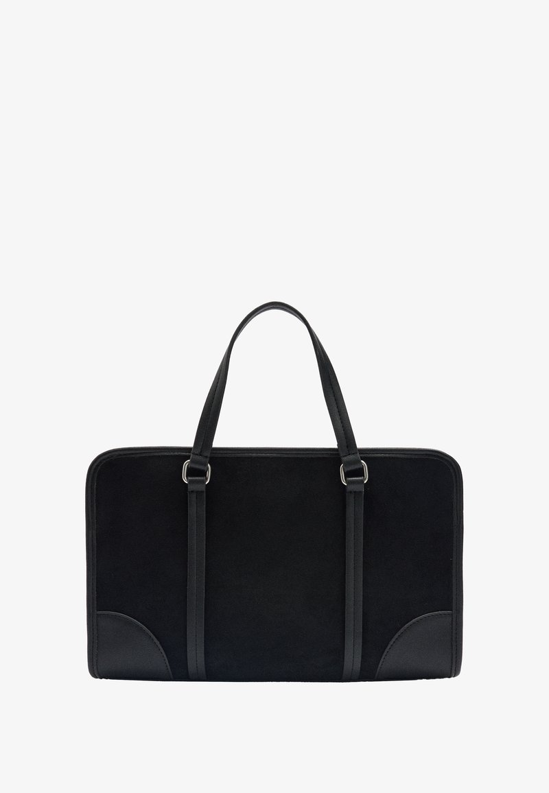 Czarna zamszowa torba z skórzanymi akcentami, prostokątny kształt, podwójne uchwyty, gładka faktura i zaokrąglone rogi. Minimalistyczny design i uniwersalny styl.