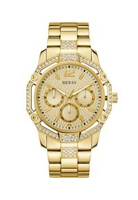 Montre en acier inoxydable doré avec un cadran textur�é et étincelant, trois sous-cadrans, et des accents en cristal sur la lunette et le bracelet. Boîtier de forme octagonale.