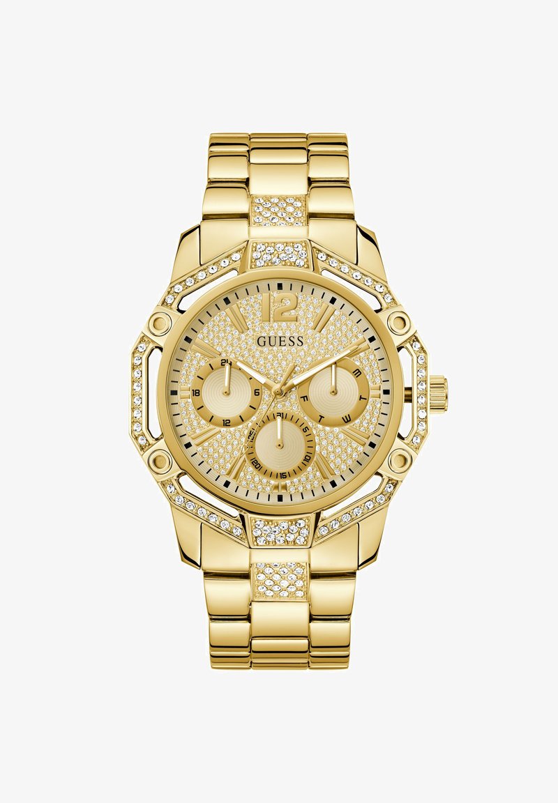 Gold stainless steel watch with a textured, sparkling dial, three sub-dials, and crystal accents on bezel and bracelet. Octagonal case shape.