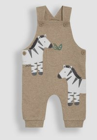 Kahvi puuvilladungaree, jonka etutaskussa on kaksi appliqué-lehmäeläintä. Varustettu napin sulkemisilla ja käänteillä. Pehmeä rakenne, rento muotoilu.
