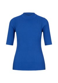 Blaues ribbeltes Strickoberteil mit kurzen Ärmeln und hohem Halsauschnitt. Verfügt über vertikale Nähte für Struktur und eine glatte Textur.