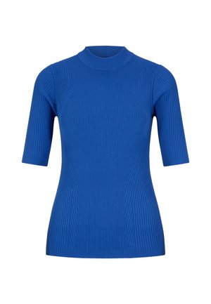 Blauw geribbelde gebreide top met korte mouwen en een hoge halslijn. Heeft verticale naden voor structuur en een soepele textuur.