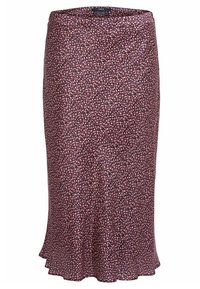 Jupe mi-longue avec un petit motif floral rose et noir, ourlet légèrement évasé et taille lisse.