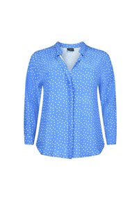 Blå skjorta med lång ärm, som har ett mönster av vita prickar, krage och en slät tygkvalitet.
