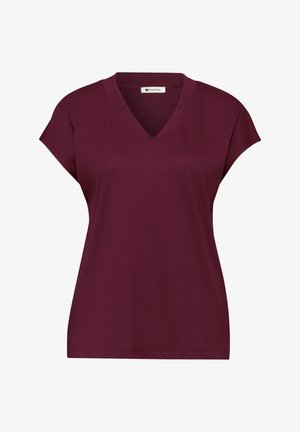 Dieprode V-hals top met korte mouwen, ontspannen pasvorm en kleine schouderkapmouwen, voorkant gezien.
