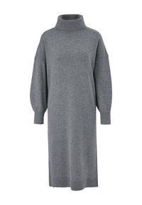 Robe-pull grise à manches longues en maille, avec col roulé haut et poignets et ourlet côtelés.