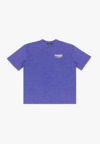 Lila Kurzarm-T-Shirt aus Baumwolle mit Rundhalsausschnitt und weißem "Dropsize"-Logo auf der linken Brust. Weicher Stoff, lässiges Design.