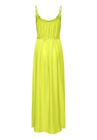 Rochie maxi de un verde lime strălucitor, cu bretele ajustabile, un bust pliat și o fustă plisată fluidă. Textura materialului este netedă.