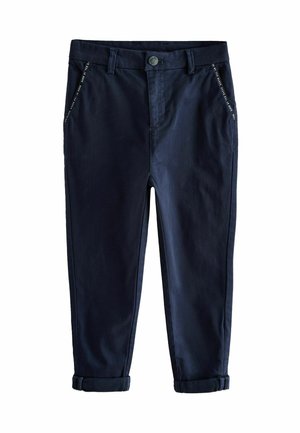 Navy blue straight-leg trousers with cuffed hems, belt loops, front button and zip closure, and slant pockets with visible stitching.