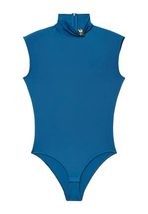 Body blu senza maniche con collo alto con zip e piccola fibbia dorata, mostrato disteso su sfondo bianco.