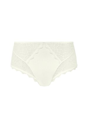 Witte kanten slipjes met een bloemenpatroon, golvende randen en een gladde katoenen voorkant. Ontworpen voor een comfortabele pasvorm.