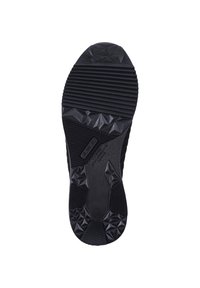 Black rubber shoe sole featuring a textured pattern with ridges and raised, diamond-shaped accents for traction and grip.