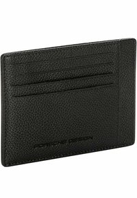 Portafoglio in pelle nera con superficie testurizzata, dotato di più scomparti per carte e logo in rilievo sulla parte anteriore. Design rettangolare slim.