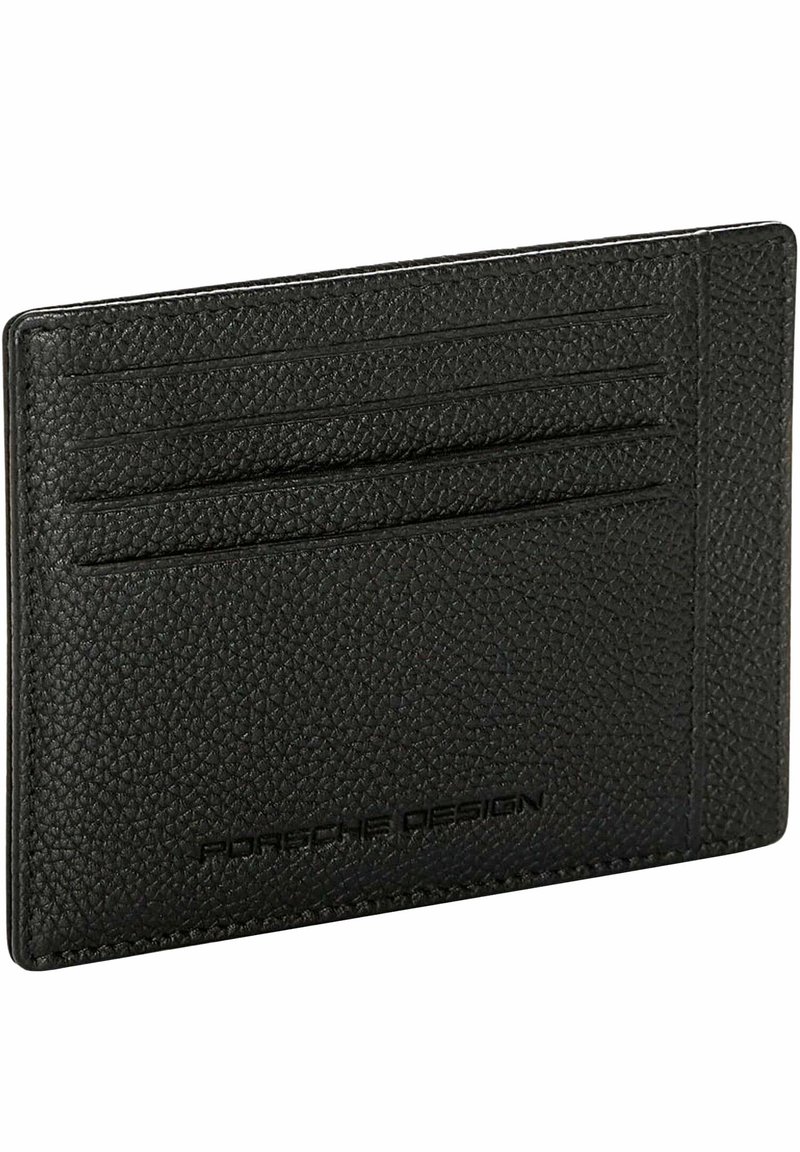 Portafoglio in pelle nera con superficie testurizzata, dotato di più scomparti per carte e logo in rilievo sulla parte anteriore. Design rettangolare slim.