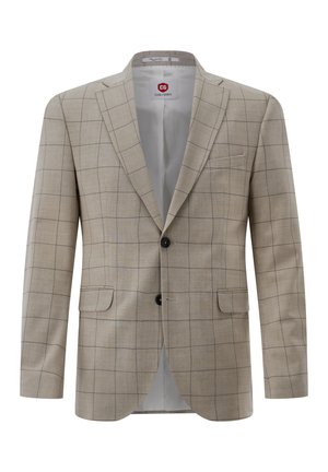 Beiger, einreihiger Blazer mit schwarzem Karomuster, zwei vorderen Pattentaschen, Revers mit Kerbe und zwei schwarzen Knöpfen, offene Innenfutter.