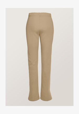 Pantaloni bej, ajustați, cu o textură netedă, talie elastică și margini evazate. Vederea din spate arată linii curate și fără buzunare.