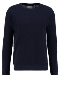 Granatowy sweter dzianinowy z okrągłym dekoltem, ściągaczami przy mankietach i u dołu. Posiada teksturowany materiał z subtelnym wzorem w całej powierzchni.