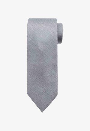 Lichtgrijze stropdas met een textuurpatroon, voorzien van een spitse punt en een gerolde ontwerp, gemaakt van een gladde stof.