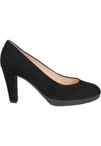 Zwarte suede high heel pumps met een ronde neus en een blokhak van 6 cm. Glad interieur, rubberen zool met een subtiel profiel.
