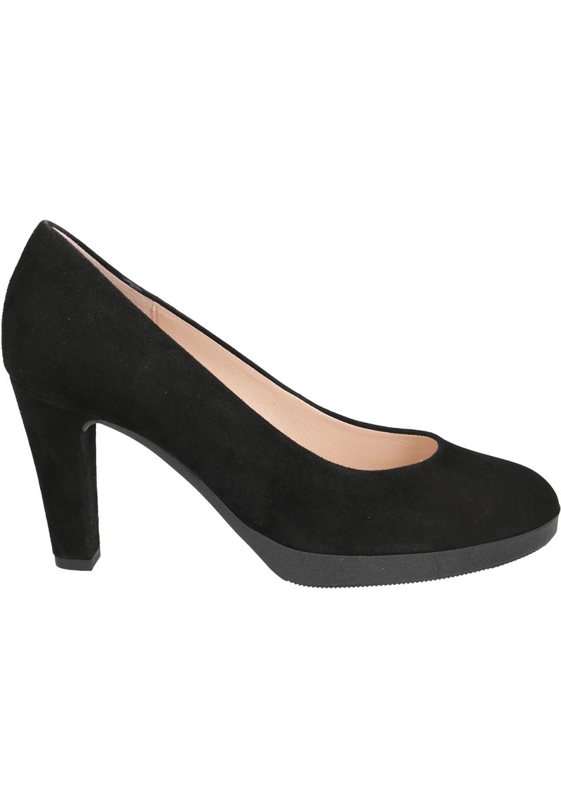 Zwarte suede high heel pumps met een ronde neus en een blokhak van 6 cm. Glad interieur, rubberen zool met een subtiel profiel.