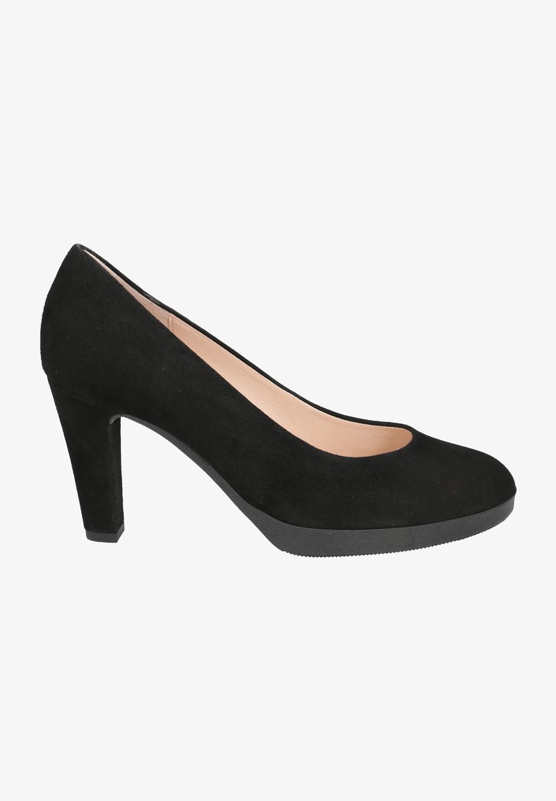 Zwarte suede high heel pumps met een ronde neus en een blokhak van 6 cm. Glad interieur, rubberen zool met een subtiel profiel.