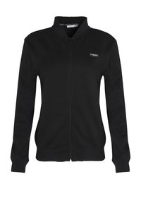 Veste noire zippée avec col montant, confectionnée en tissu doux, avec des poignets côtelés et un petit logo sur le devant.