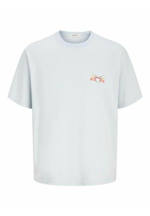 Šviesiai mėlynas medvilnės marškinėliai su trumpomis rankovėmis, apvalia iškirpte ir siuvinėtu spalvingu raštu priekyje. Laisvas fasonas.