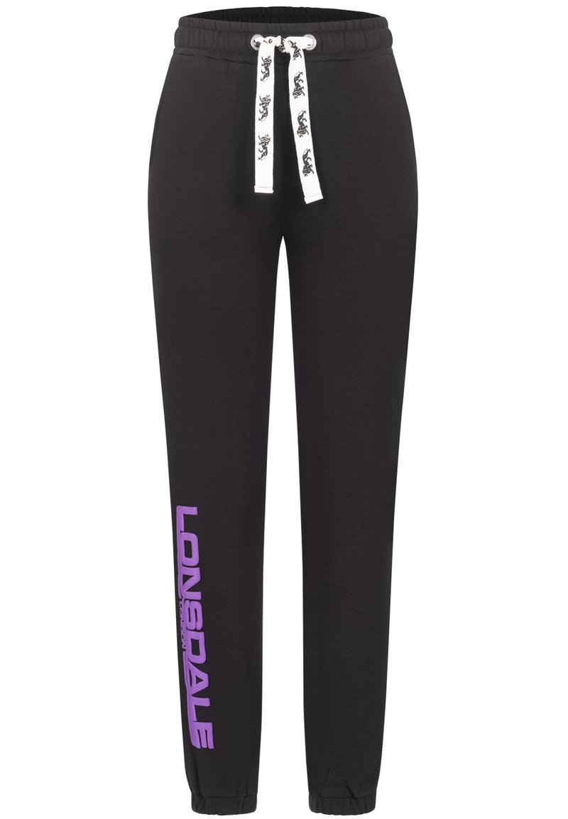 Black sweatpants made of cotton, featuring a white drawstring with a pattern and a purple logo on the left leg. Elastic cuffs at the ankles.