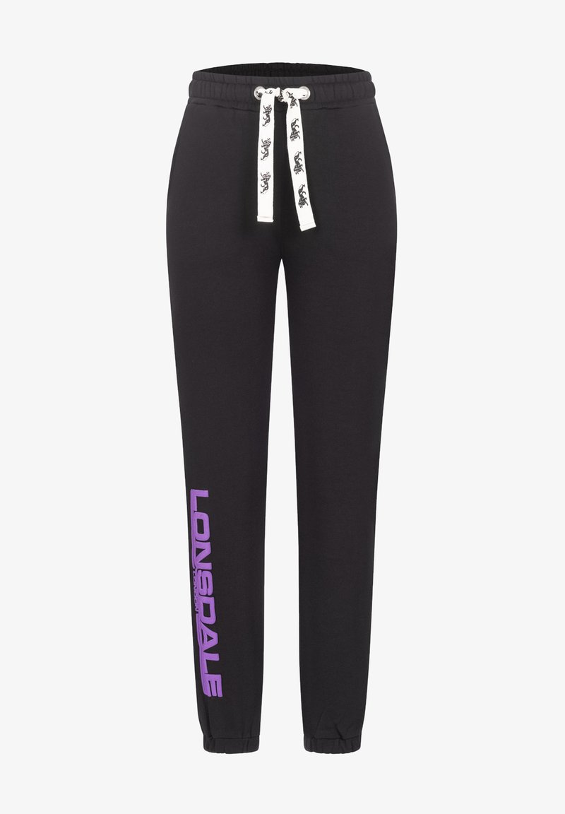 Melni kokvilnas sporta bikses ar baltu auklu ar rakstu un purpursarkanu logo uz kreisā kājas. Elastīgi aproces pie potītēm.