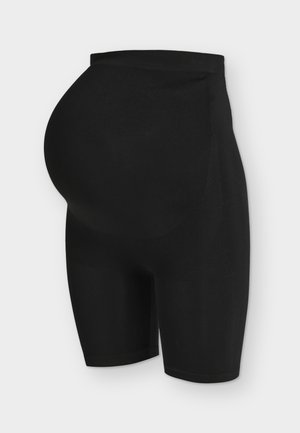 Pantaloni scurți negri pentru susținerea sarcinii, cu talie elastică și panou proeminent pentru burtă, pentru confort și sprijin în timpul sarcinii.