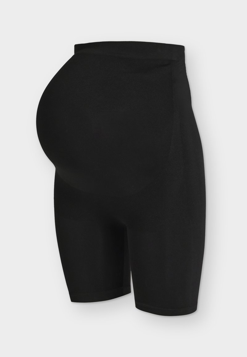 Μαύρα σορτς υποστήριξης εγκυμοσύνης με ελαστική μέση και εξωτερική πάνελ κοιλιάς για άνεση και στήριξη κατά την εγκυμοσύνη.