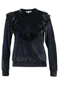 Svart sammetsliknande sweatshirt med glittrande textur, med volangikant vid halsringningen och ärmarna, vilket skapar en lager-effekt vid axlarna.