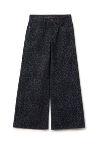 Pantalones negros de pierna ancha con un sutil patrón de leopardo. Fabricados en una tela suave con un diseño clásico de 5 bolsillos y cremallera.