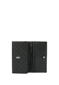 Portafoglio in pelle nera con motivo embossato, dotato di una tasca con zip, più slot per carte e chiusura a scatto.
