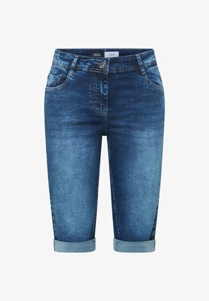 Short en denim bleu avec revers roulés, bouton et fermeture éclair à l'avant, ainsi que poches avant, présenté sur fond blanc.