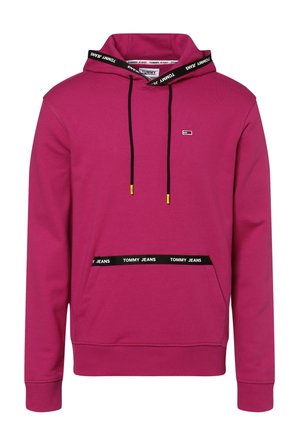 Bluza z kapturem Magenta Tommy Jeans z czarnymi regulowanymi sznureczkami, wykończeniem kieszeni z przodu z napisem "Tommy Jeans" oraz małym logo na piersi.