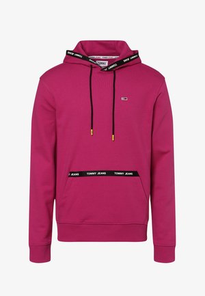Felpa con cappuccio Magenta Tommy Jeans con cordini regolabili neri, rifinitura della tasca frontale con scritta "Tommy Jeans" e piccolo logo sul petto.
