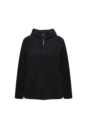 Sort fleece hoodie med lange ærmer, lynlåslukning foran og rund hals. Glat tekstur og moderne design med let faldende kant.