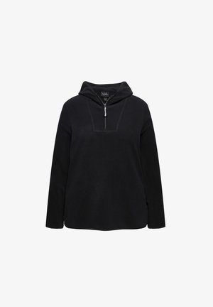 Schwarze Fleece-Hoodie mit langen Ärmeln, durchgehendem Reißverschluss und rundem Hals. Glatte Textur und modernes Design mit leicht abgerundetem Saum.