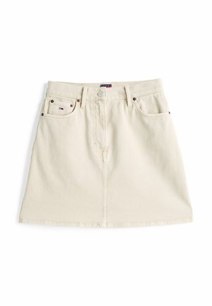 Cream denim mini skirt with a front button closure, two front pockets, and subtle stitching details. Features a logo tag at the waistband.