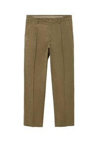 Pantalones caqui con un diseño de pierna recta, que cuentan con dos bolsillos delanteros y un cierre de botón en la cintura. Tejido de algodón suave.
