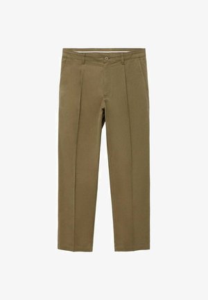 Khaki broek met een recht model, voorzien van twee voorzakken en een enkele knoopsluiting in de taille. Zacht katoen.